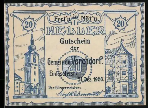 Notgeld Vorchdorf 1920, 20 Heller, Ortsansicht und Landschaft um Messenbach 1600