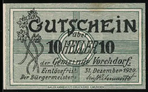 Notgeld Vorchdorf 1920, 10 Heller, Landschaft mit Kirche und Bergen im Hintergrund