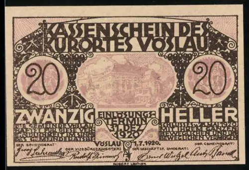 Notgeld Vöslau 1920, 20 Heller, Landschaft und Baum im Wappen