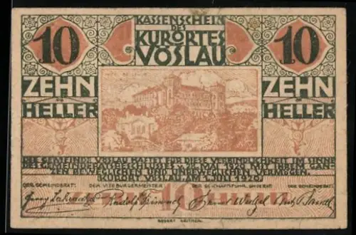 Notgeld Vöslau 1920, 10 Heller, Schlossansicht mit Wappen und Weinrebe
