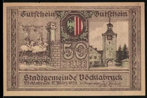 Notgeld Vöcklabruck 1920, 50 Heller, Ortsansicht und Burgmotiv mit Wappen
