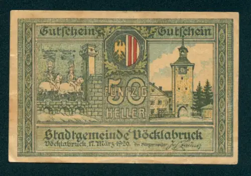 Notgeld Vöcklabruck 1920, 50 Heller, Stadttor und Landschaft mit Bergpanorama