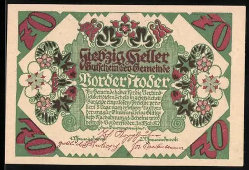 Notgeld Vorderstoder 1920, 70 Heller, florales Muster und Landschaftsansicht mit Kirche und Ort