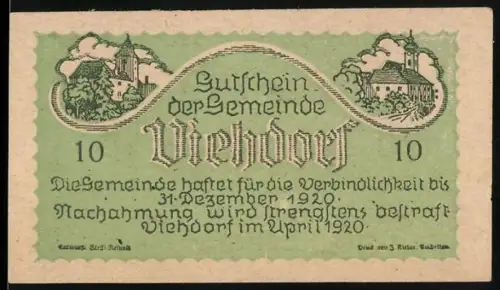 Notgeld Viehdorf 1920, 10 Heller, Landschaft mit Gebäuden und Viehherde