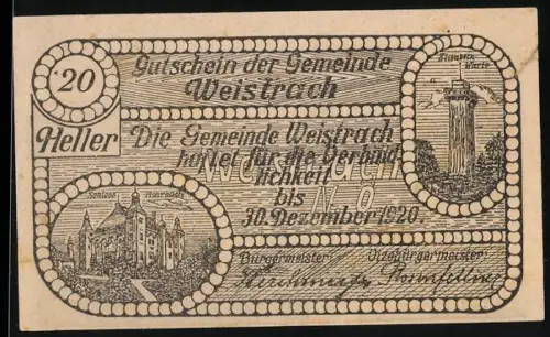 Notgeld Weistrach 1920, 20 Heller, Schlossansicht und Trinker mit Krug im Ortspanorama