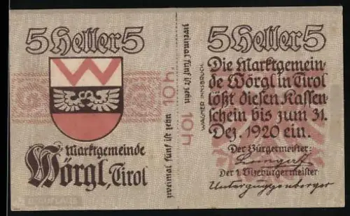 Notgeld Wörgl in Tirol 1920, 5 Heller, Wappen von Wörgl mit Text über Einlösung