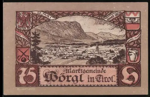 Notgeld Wörgl in Tirol 1920, 75 Heller, Ortsansicht mit Bergen und Denkmal mit Figur und Inschrift