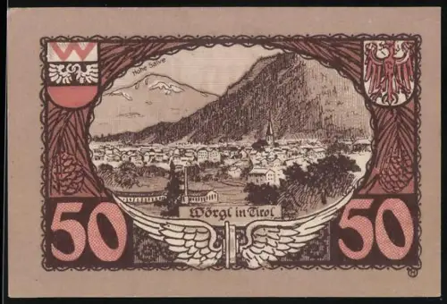 Notgeld Wörgl in Tirol 1920, 50 Heller, Ortsansicht mit Bergen und zwei Wappen