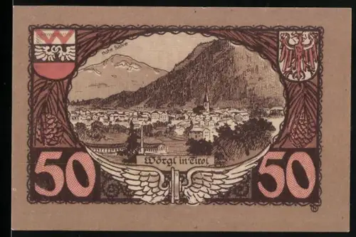 Notgeld Wörgl in Tirol 1920, 50 Heller, Ortsansicht mit Bergen und Wappen