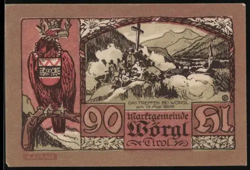 Notgeld Wörgl in Tirol, 90 Heller, Adler und Historische Szene von 1809, Joseph Rainer Porträt