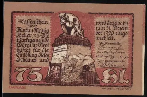 Notgeld Wörgl in Tirol 1920, 75 Heller, Denkmal und Ortsansicht mit Bergen und Wappen