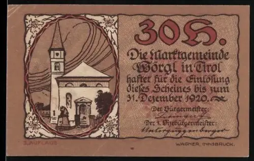 Notgeld Wörgl in Tirol 1920, 30 Heller, Kirche und überdachte Brücke mit Wappen
