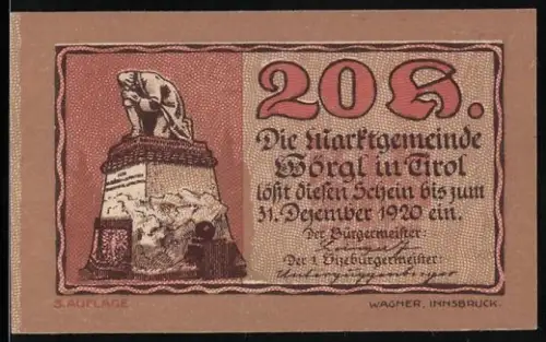 Notgeld Wörgl in Tirol 1920, 20 Heller, Löwenstatue und Wappen mit Flügeln und Blumenmuster