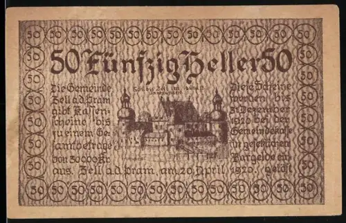Notgeld Zell a. d. Pram 1920, 50 Heller, Schloss Zell im April 1920 mit Wappen