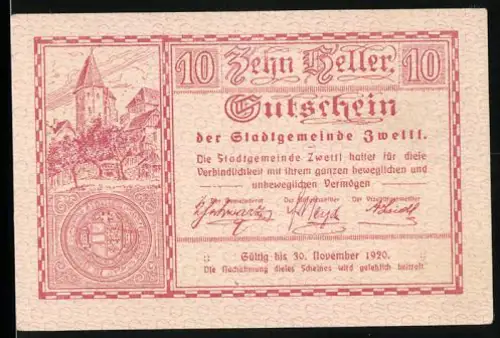 Notgeld Zwettl 1920, 10 Heller, historische Ortsansicht und Wappen