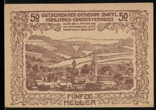 Notgeld Zwettl 1921, 50 Heller, Landschaft mit Ort und Kirche