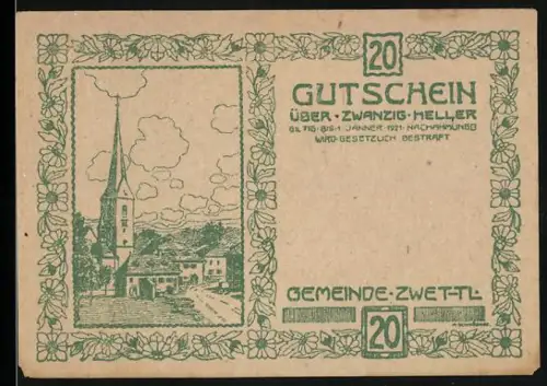 Notgeld Zwettl 1921, 20 Heller, Kirche und Landschaftsmotiv, Wappen und Verzierungen