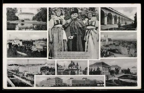 AK Kremsier / Kromeríz, Verschiedene Ortsansichten, Kaserne, Mann und zwei Frauen in Tracht