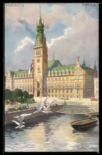 Künstler-AK Hamburg, Rathaus mit Strassenbahn