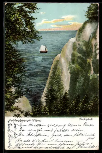 AK Stubbenkammer /Rügen, Blick in die Schlucht, Segelboot auf der Ostsee