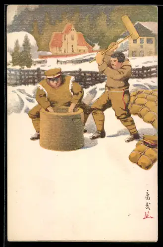 AK Japanische Soldaten bei der Essenszubereitung