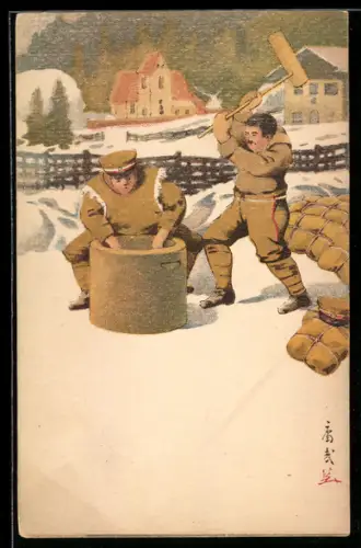 AK Japanische Soldaten bei der Essenszubereitung