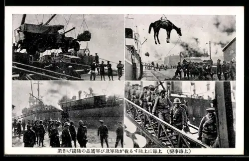 AK Japanische Infanteristen bei Verlassen von Truppentransportschiff, Verladung von LKW und Pferden