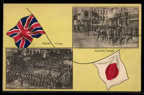 AK englische und japanische Truppen aus dem Russisch-Japanischen Krieg, Flaggen