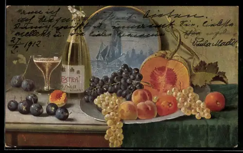 AK Flasche weisser Wein angerichtet mit Früchten