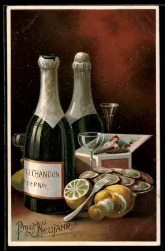 AK Zwei Weinflaschen mit Austern und Zitrone