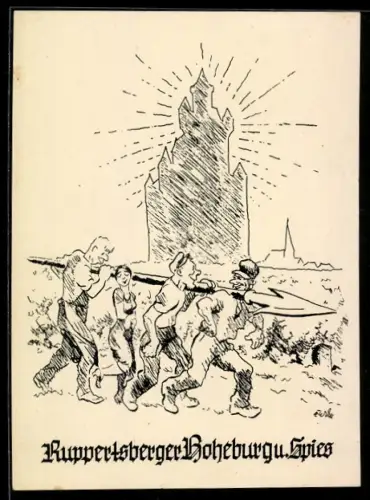 AK Ruppertsberger Hoheburg und Spies, Männer tragen grossen Pfeil