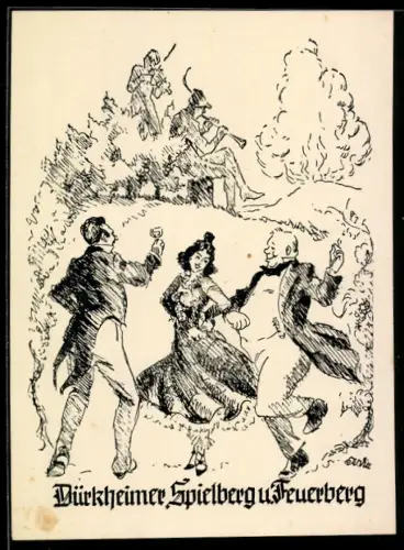 AK Bad Dürkheim, tanzende Leute auf dem Spielberg & Feuerberg