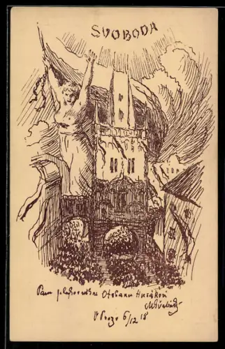 AK Svoboda, 1918, Menschenmenge, Frau mit Fahne im Himmel