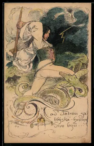 Künstler-AK Mann mit Axt kämpt gegen einen Drachen