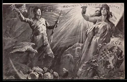 AK Tschechischer Soldat mit Waffe und Blätterkranz