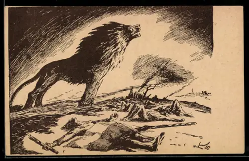 Künstler-AK Löwe steht bei Sonnenaufgang über dem Schlachtfeld