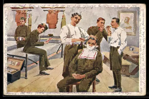 AK Tschechische Soldaten auf Freiwache in der Stube bei der Rasur und beim Rauchen