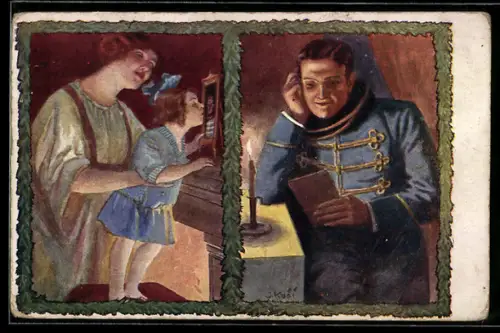 AK Husar mit Bild seiner Familie, Mutter und Tochter mit Bild des Vaters