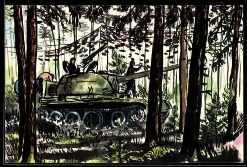 AK Tschechischer Panzer im Wald unter Tarnnetz