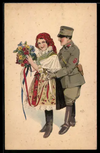 AK Mädchen in tschechischer Tracht wird von italienischem Soldaten begrüsst, Srdecne prani