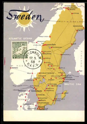 AK Schweden, Landkarte mit Ortsbezeichnungen