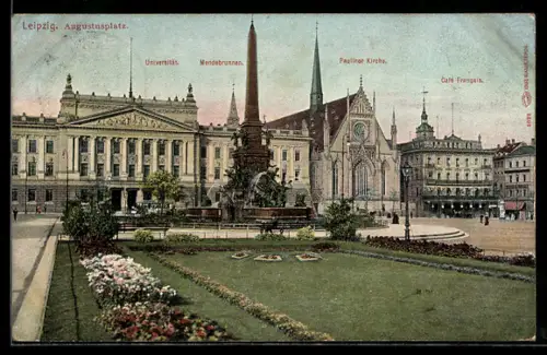AK Leipzig, Augustusplatz, Universität, Mende-Brunnen, Pauliner Kirche, Café Francais