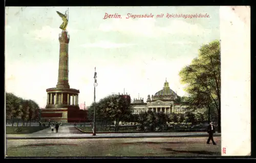 AK Berlin-Tiergarten, Siegessäule mit Reichstagsgebäude