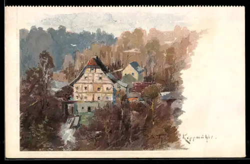 Lithographie Dresden-Hosterwitz, Blick zur Keppmühle