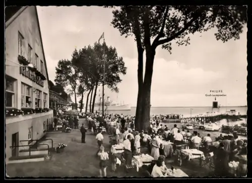 AK Schulau bei Hamburg, Schulauer Fährhaus, PHILIPS Schiffsbegrüssungs-Anlage, M.S. `Italia` bei der Ausreise