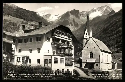 AK Riva di Tures, Albergo Pensione Passo di Gola e Chiesa con sfondo montano, Prop. Berger
