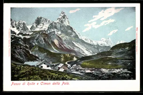 AK Passo di Rolle, Cimon della Pala con montagne e case in primo piano