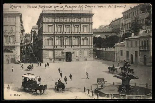 AK Roma, Piazza Barberini con la Fontana del Tritone (opera del Bernini)