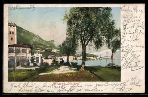 AK Gardone-Riviera, Vista sul lago e giardino alberato