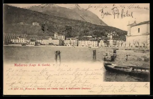 AK Maderno /Lago di Garda, Veduta panoramica con barca sul lago